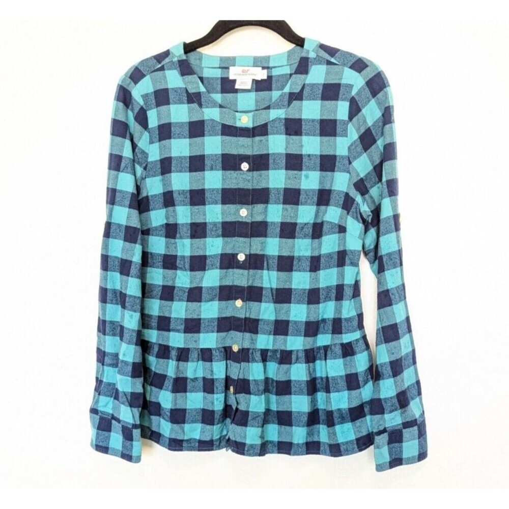 Vineyard Vines Blue and Teal Plaid Button-Down Top